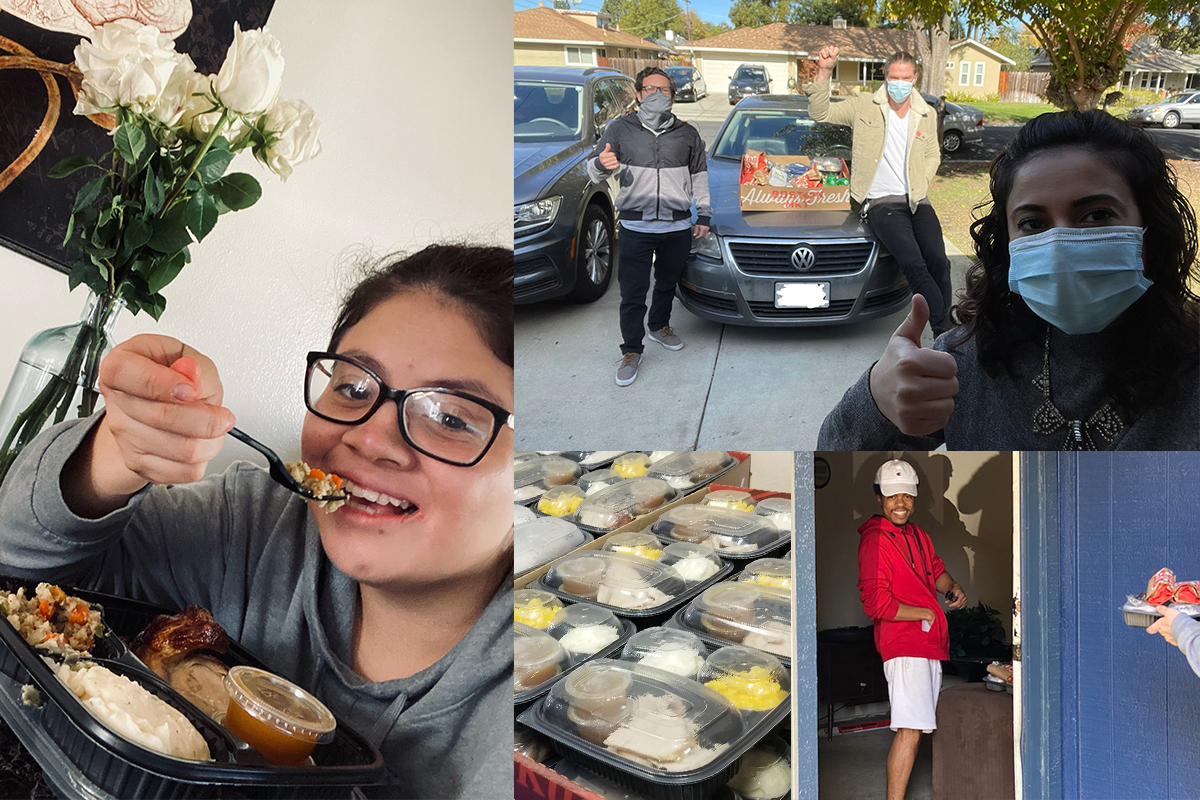 A multi-image collage showing: Packaged dinners of turkey, mashed potatoes, and mac and cheese; a young man opening the door for a delivery of a packaged dinner; First Place staff masked up as they delivery food; and a young woman sitting down to eat.