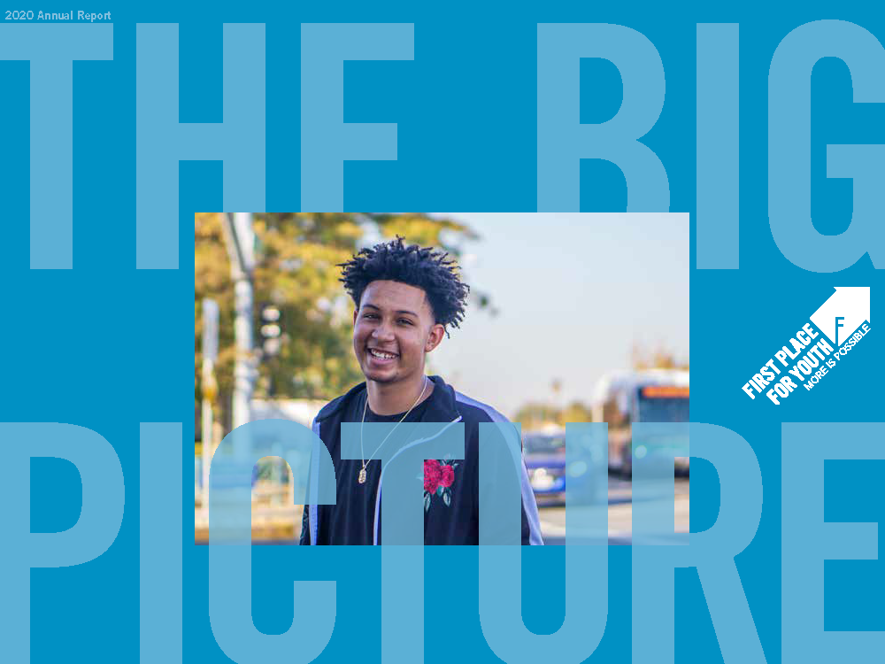 Image: A photo of a young black is centered in a blue background with text "The Big Picture" and First Place for Youth logo